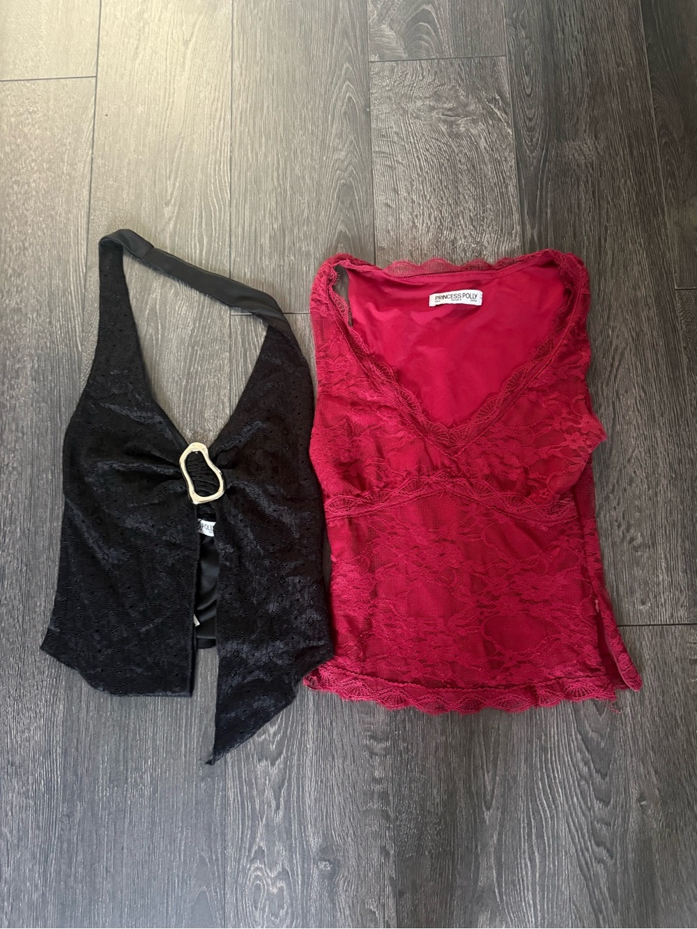 Princess Polly Red Lace Camisole and Black Lace Halter Top Duo
